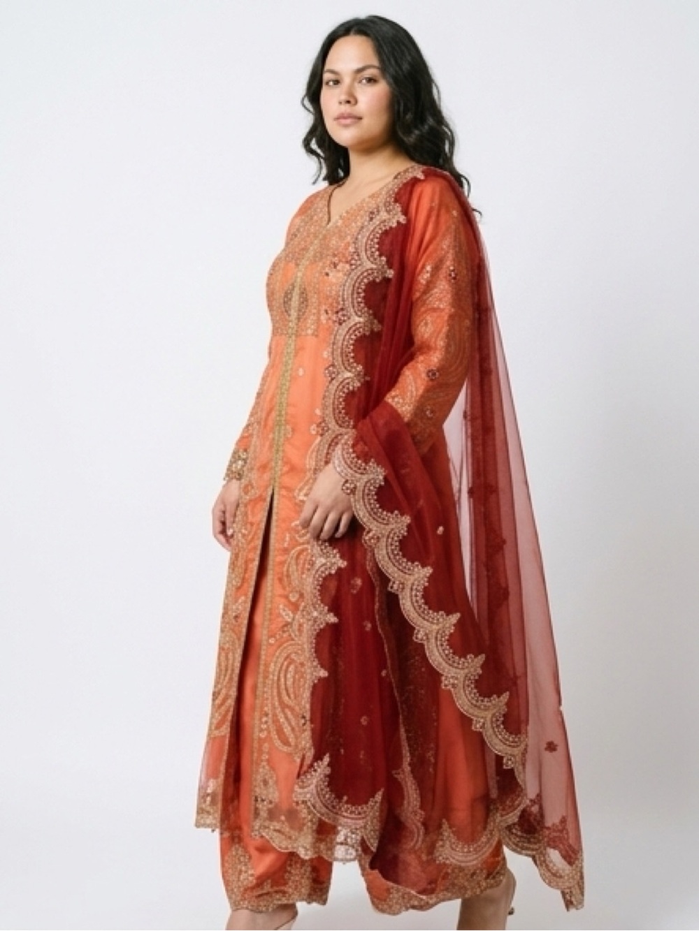 Vibrant Orange and Red Embroidered Long Sleeve Dress